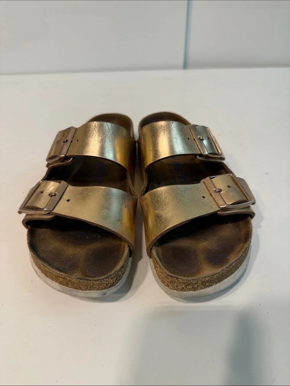 Used Birkenstock Metallic Bronze Double-Strap Slide Sandals women’s size 7-7.5